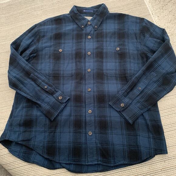 Duluth Trading Shirt Mens 2XL Blue Plaid Magna Ready Relaxed Fit Magnet Closure - Picture 1 of 7